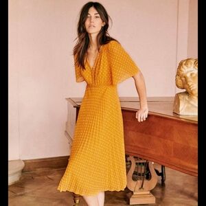Sezane Mustard Polka Dot Midi Dress